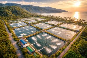 Shrimp farm at sunset in Tapanuli